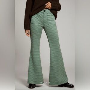 NWT Maeve Green Gingham Plaid Mega Flare Knit Pants. Anthropologie